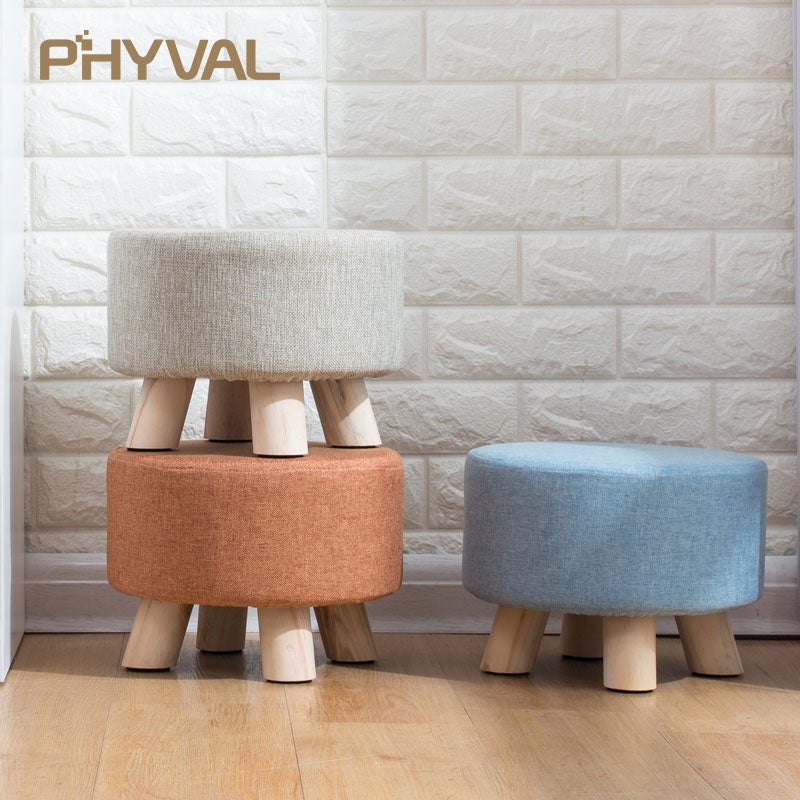 Modern Luxury Upholstered Footstool Nordic Round Pouffe Stool Wooden Leg Pattern Round Fabric 4 Legs