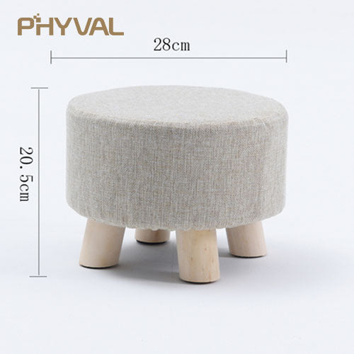 Modern Luxury Upholstered Footstool Nordic Round Pouffe Stool Wooden Leg Pattern Round Fabric 4 Legs