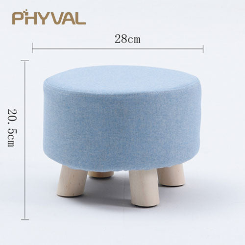 Modern Luxury Upholstered Footstool Nordic Round Pouffe Stool Wooden Leg Pattern Round Fabric 4 Legs