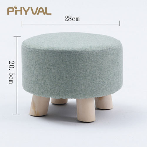 Modern Luxury Upholstered Footstool Nordic Round Pouffe Stool Wooden Leg Pattern Round Fabric 4 Legs