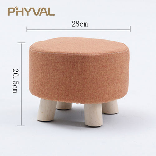 Modern Luxury Upholstered Footstool Nordic Round Pouffe Stool Wooden Leg Pattern Round Fabric 4 Legs