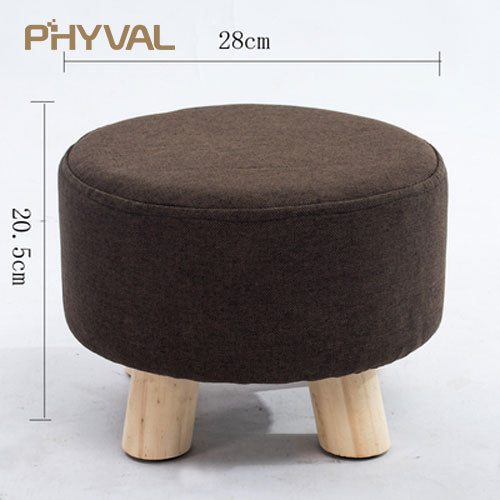 Modern Luxury Upholstered Footstool Nordic Round Pouffe Stool Wooden Leg Pattern Round Fabric 4 Legs