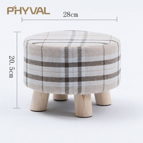 Modern Luxury Upholstered Footstool Nordic Round Pouffe Stool Wooden Leg Pattern Round Fabric 4 Legs