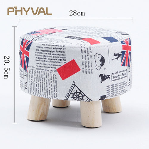 Modern Luxury Upholstered Footstool Nordic Round Pouffe Stool Wooden Leg Pattern Round Fabric 4 Legs