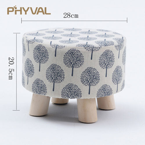 Modern Luxury Upholstered Footstool Nordic Round Pouffe Stool Wooden Leg Pattern Round Fabric 4 Legs