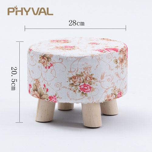 Modern Luxury Upholstered Footstool Nordic Round Pouffe Stool Wooden Leg Pattern Round Fabric 4 Legs