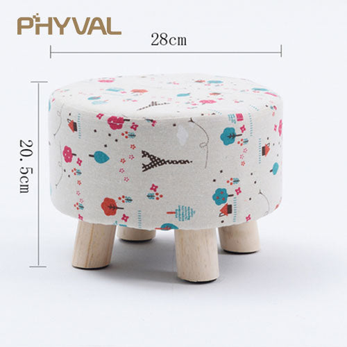 Modern Luxury Upholstered Footstool Nordic Round Pouffe Stool Wooden Leg Pattern Round Fabric 4 Legs