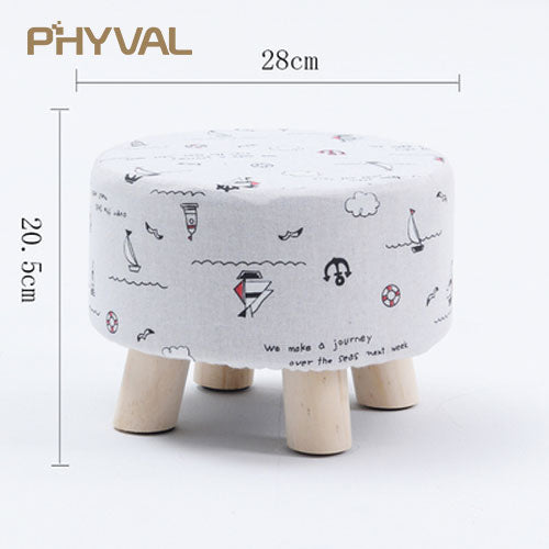 Modern Luxury Upholstered Footstool Nordic Round Pouffe Stool Wooden Leg Pattern Round Fabric 4 Legs