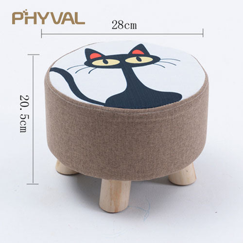 Modern Luxury Upholstered Footstool Nordic Round Pouffe Stool Wooden Leg Pattern Round Fabric 4 Legs