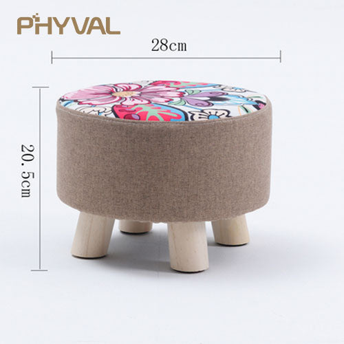 Modern Luxury Upholstered Footstool Nordic Round Pouffe Stool Wooden Leg Pattern Round Fabric 4 Legs