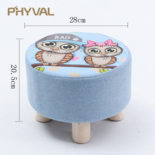 Modern Luxury Upholstered Footstool Nordic Round Pouffe Stool Wooden Leg Pattern Round Fabric 4 Legs