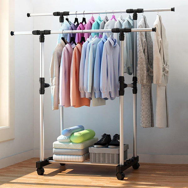 Living Room Furniture Double Folding Metal Coat Rack Clothes Rail Hanging Garment Dress On Wheels Rack Bedroom Furniture